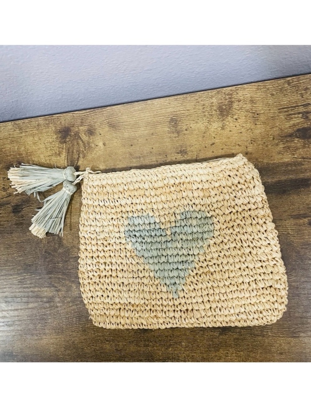 Aerin Woven Raffia Straw Cosmetic Bag Clutch with Small Blue Heart and Tassels